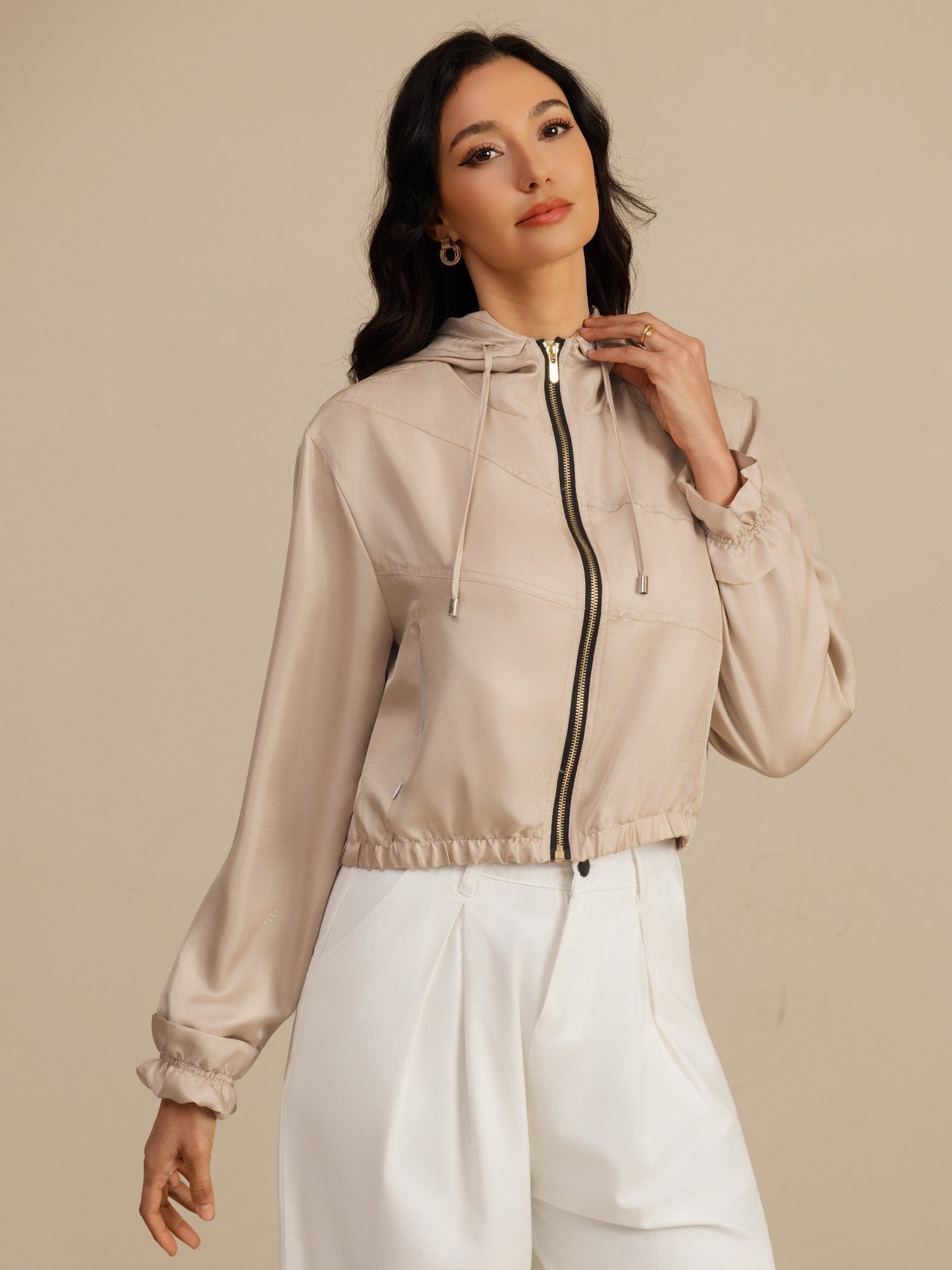 [Tan] SilkSilky-CA 18Momme Silk Satin Surah Long Sleeve High Neck Women's Outerwear 003