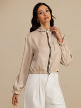 [Tan] SilkSilky-CA 18Momme Silk Satin Surah Long Sleeve High Neck Women's Outerwear 003