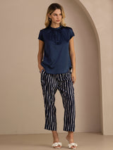 [Dark Blue] SilkSilky-CA Short Sleeve Split Women's Blouse 006