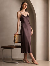 [Coffee] SilkSilky-CA Spaghetti Strap V Neck Dress 007