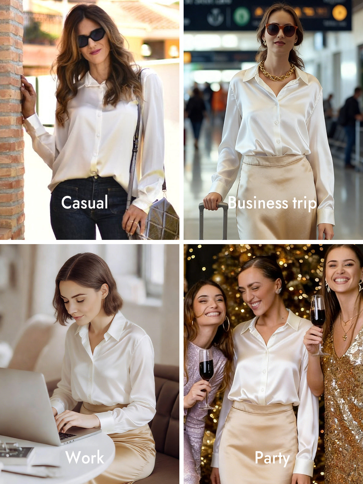 [White] SilkSilky-CA Silk Long Sleeve Lapel Collar Women's Shirt 010