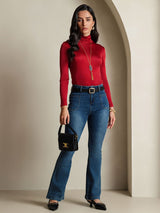 [Wine] SilkSilky-CA Silk Jersey Long Sleeve Turtle Neck Women's T-Shirt 007