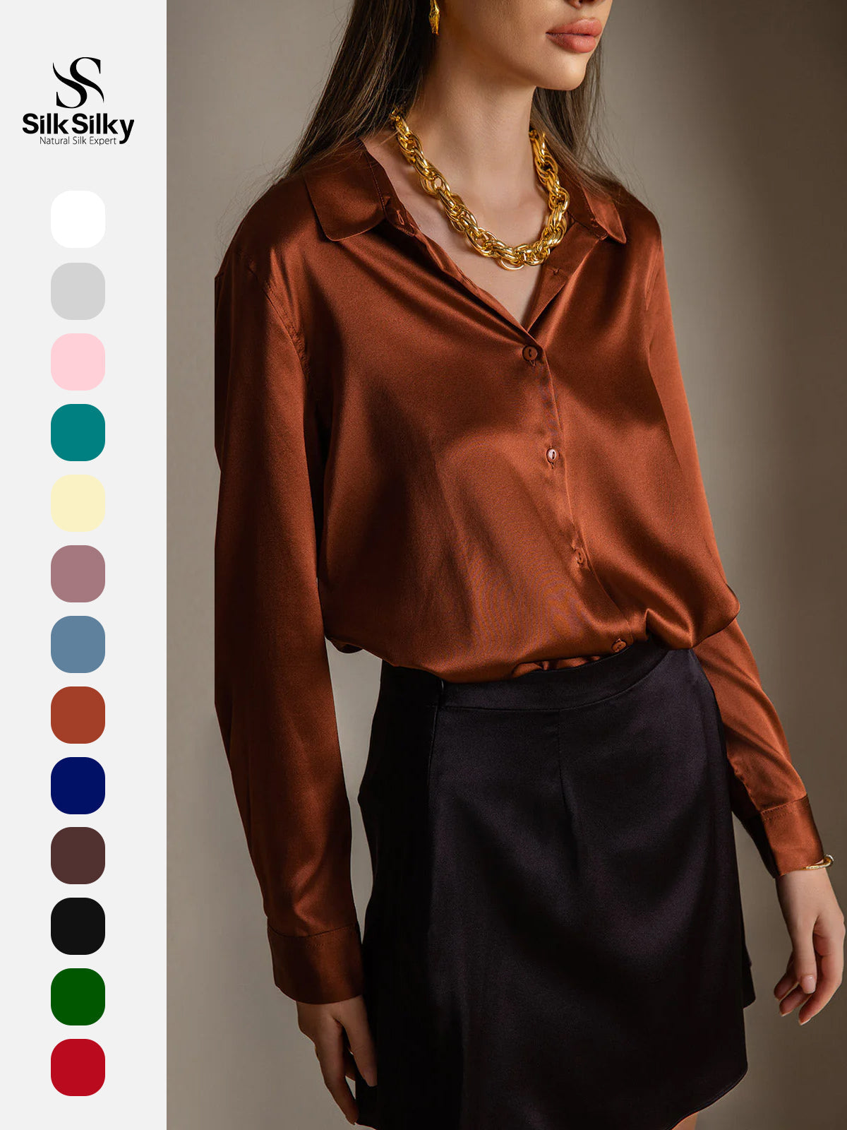 [Caramel] SilkSilky-CA Silk Long Sleeve Lapel Collar Women's Shirt 001