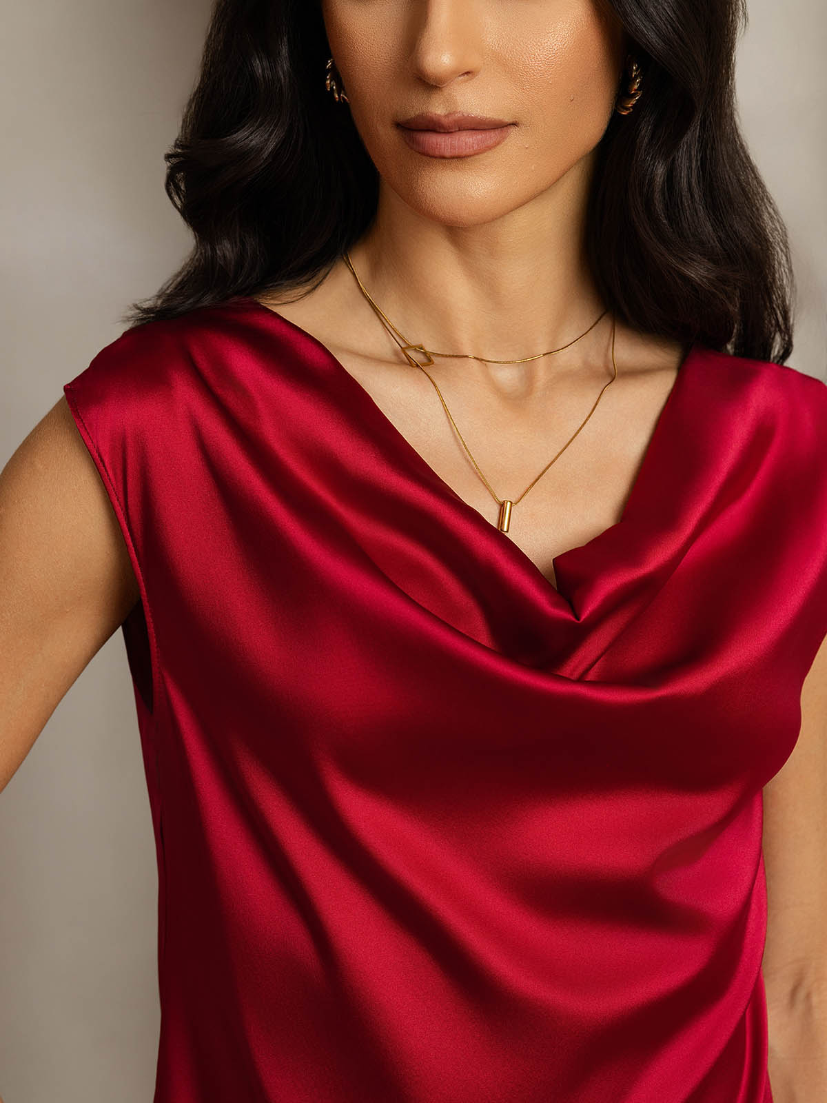 [Wine] SilkSilky-CA 19Momme Silk Cap Sleeve Cowl Neck Women's T-Shirt 005