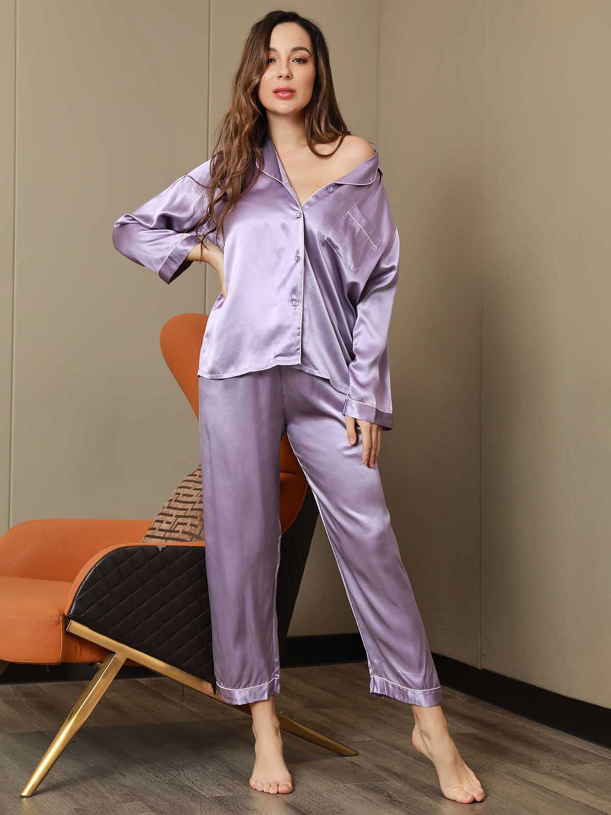 SilkSilky CA Pure Silk Long Sleeve Lapel Women's Pajamas Lavender 005