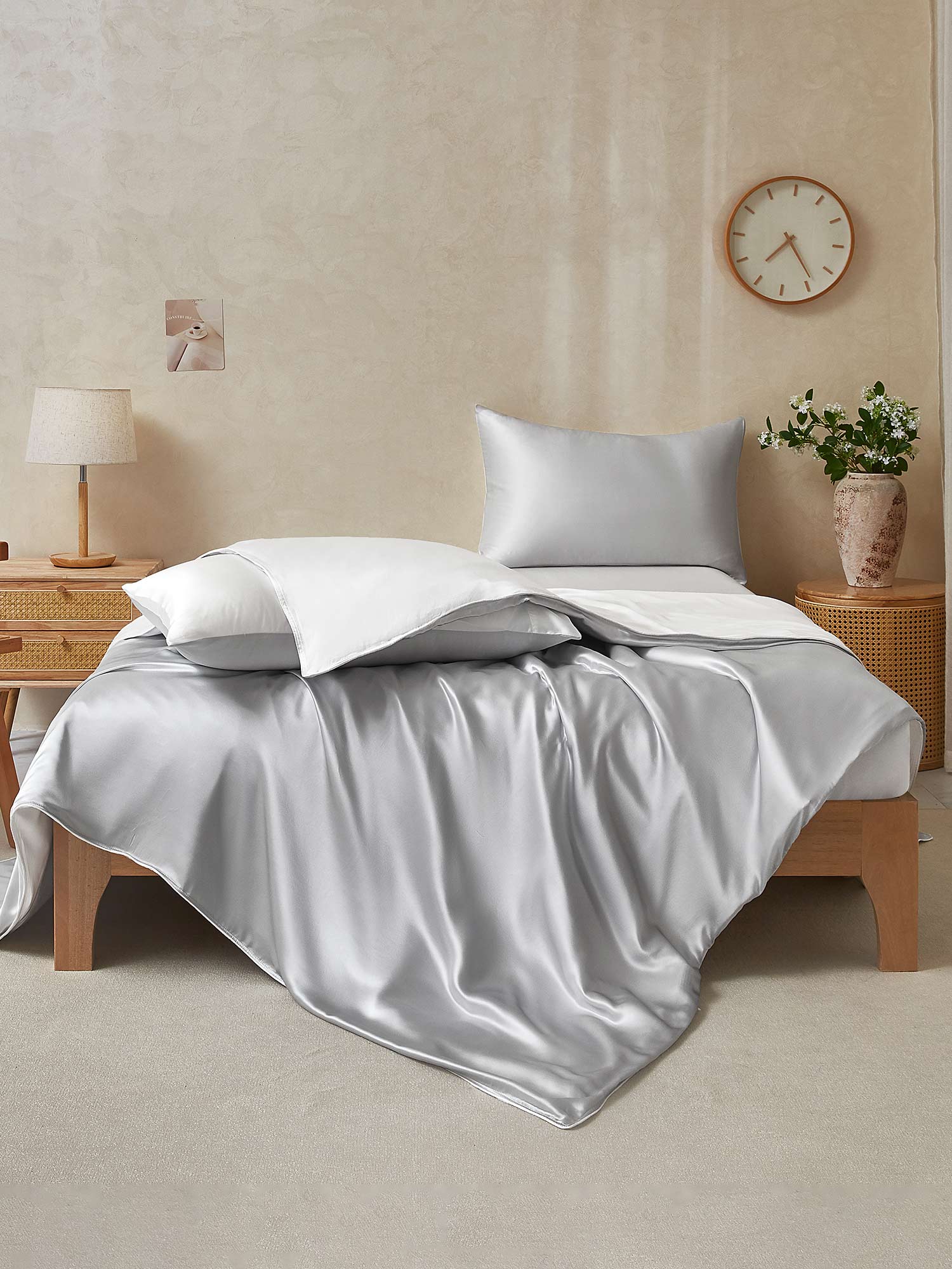 [LightGray+White] SilkSilky-CA 22Momme Pure Silk Bedding Set 002,