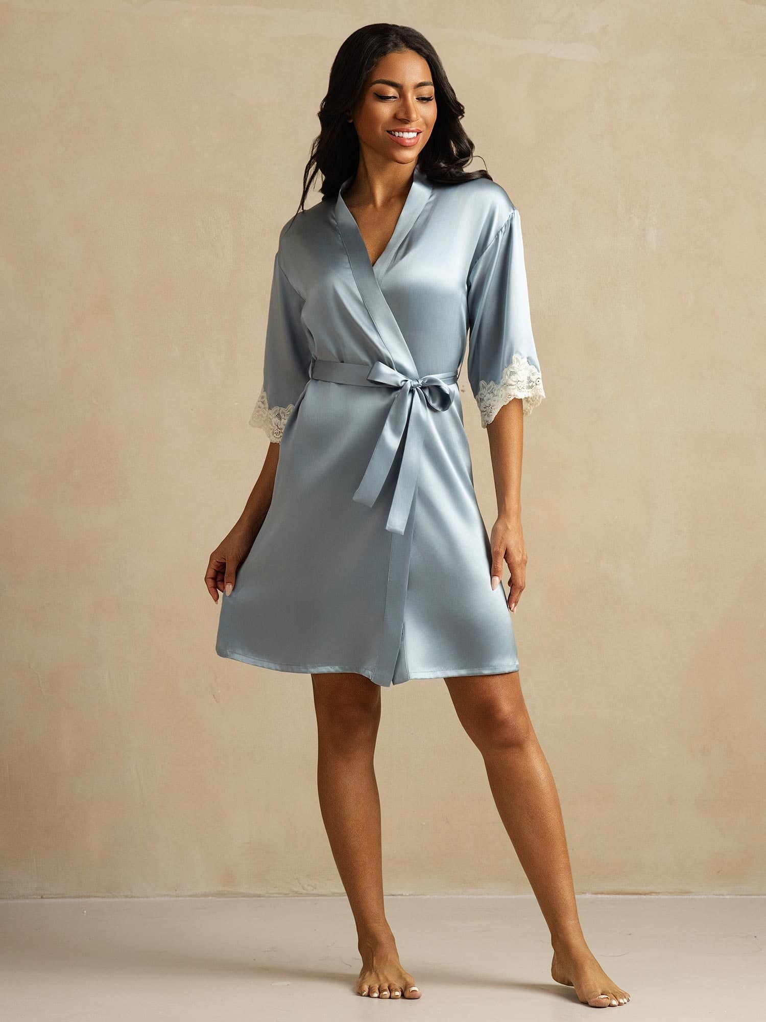 [Grayish Blue] SilkSilky-CA Pure Silk Womens Robe 006