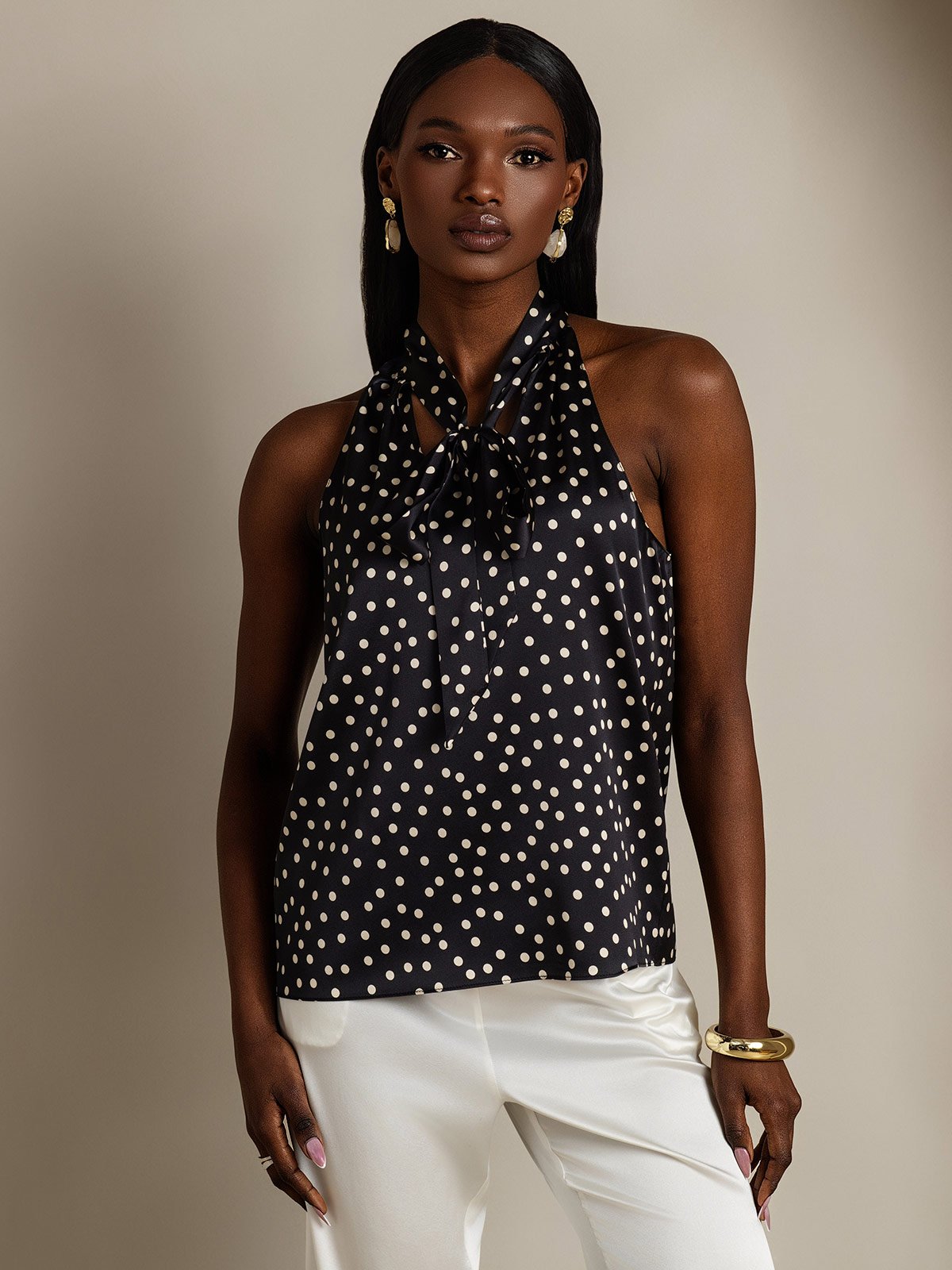 SilkSilky-CA 19Momme Silk Sleeveless Tie Neck Women's Shirt Black+White 006