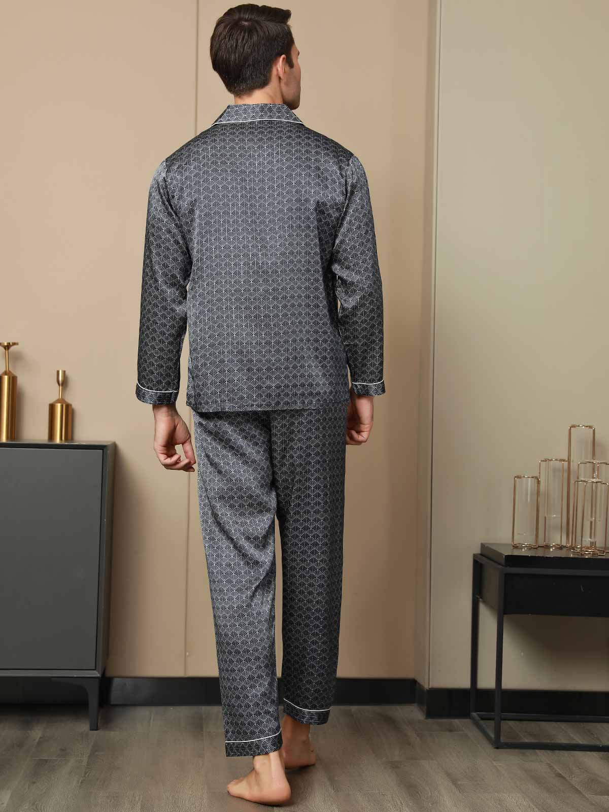 [Navy Ginkgo] SilkSilky-CA 19Momme Long Sleeve Notch Collar Men's Pajamas 002