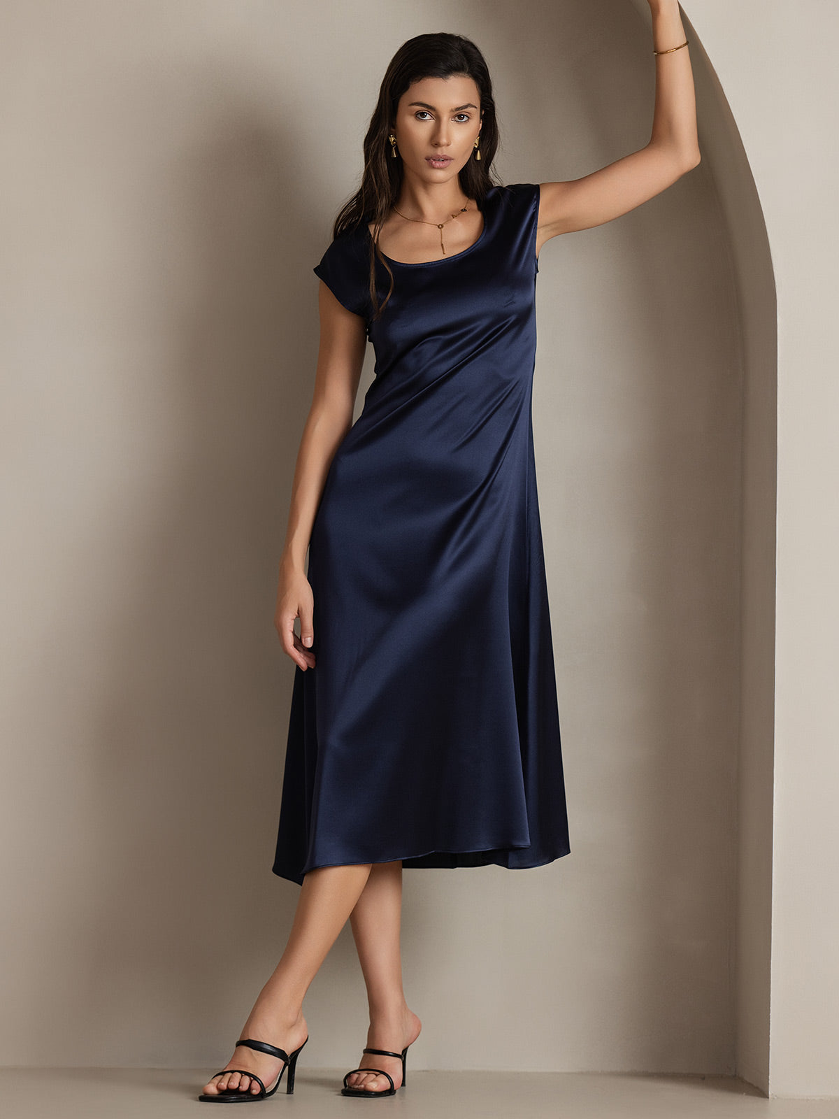 [Dark Blue] SilkSilky-CA 19Momme Silk Round Neck Dress 003