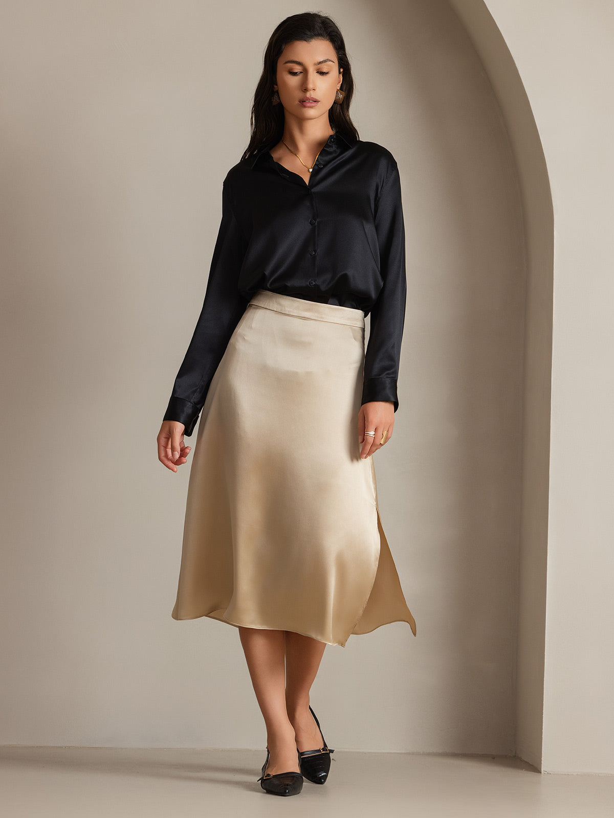 [Black] SilkSilky-CA 19Momme Stretch Silk Charmeuse Long Sleeve Lapel Collar Women's Shirt 003