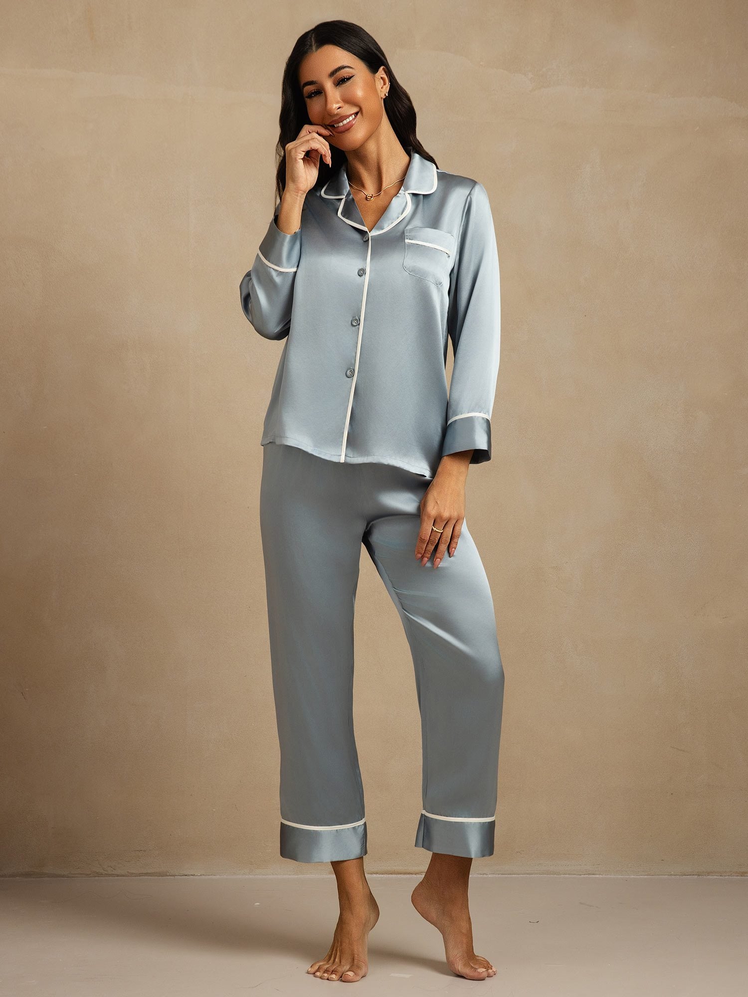 [GrayishBlue] SilkSilky-CA Pure Silk Lapel Collar Women's Pajamas 006