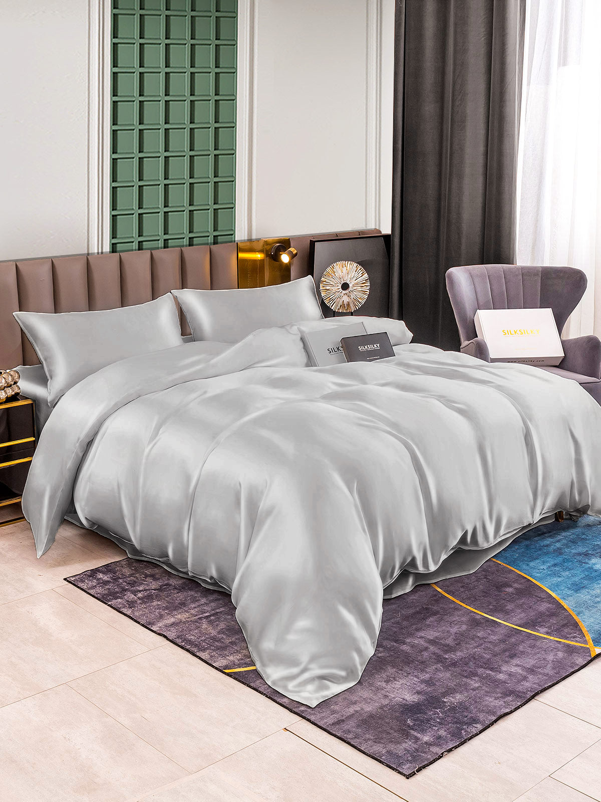 SilkSilky CA 25Momme Pure Silk Bedding Set Silver 001