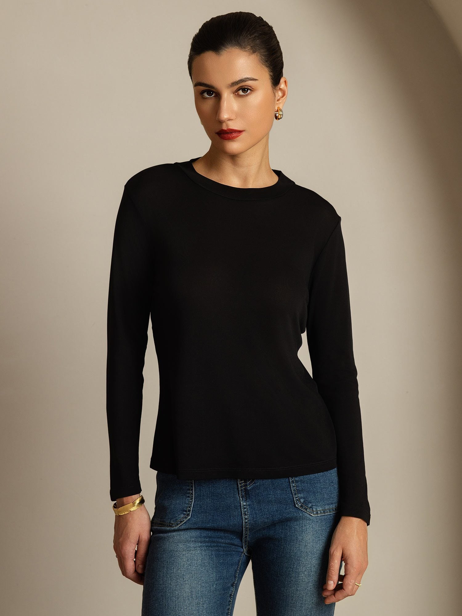 [Black] SilkSilky-CA Pure Silk Round Neck Women's T-Shirt 001