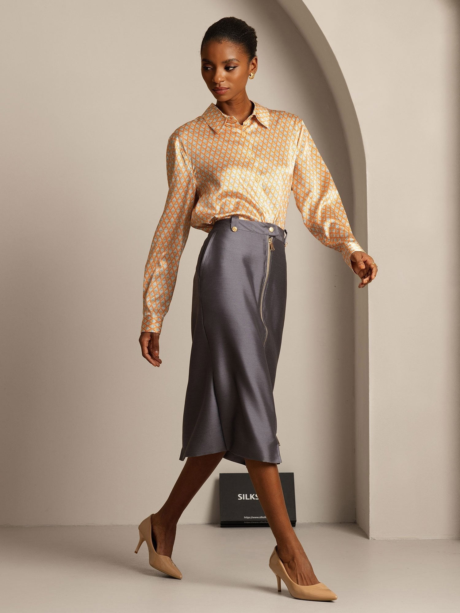 [Gray] SilkSilky-CA 32Momme Silk-Wool Blend Split Skirt 006,