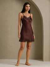 [Brown] SilkSilky-CA Spaghetti Strap V Neck Nightgown 007