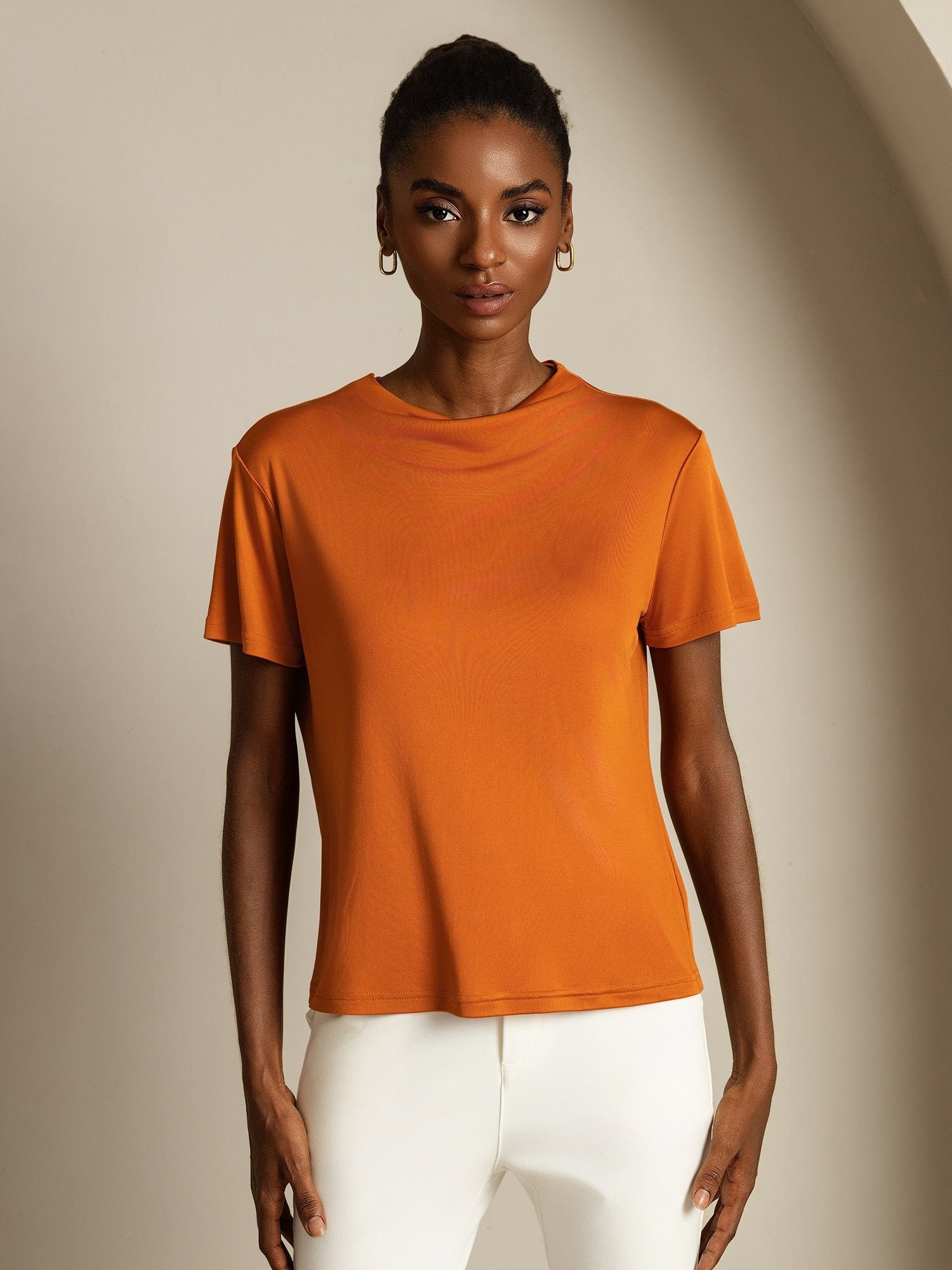 [Orange] SilkSilky-CA Pure Silk Collar Women's T-Shirt 003