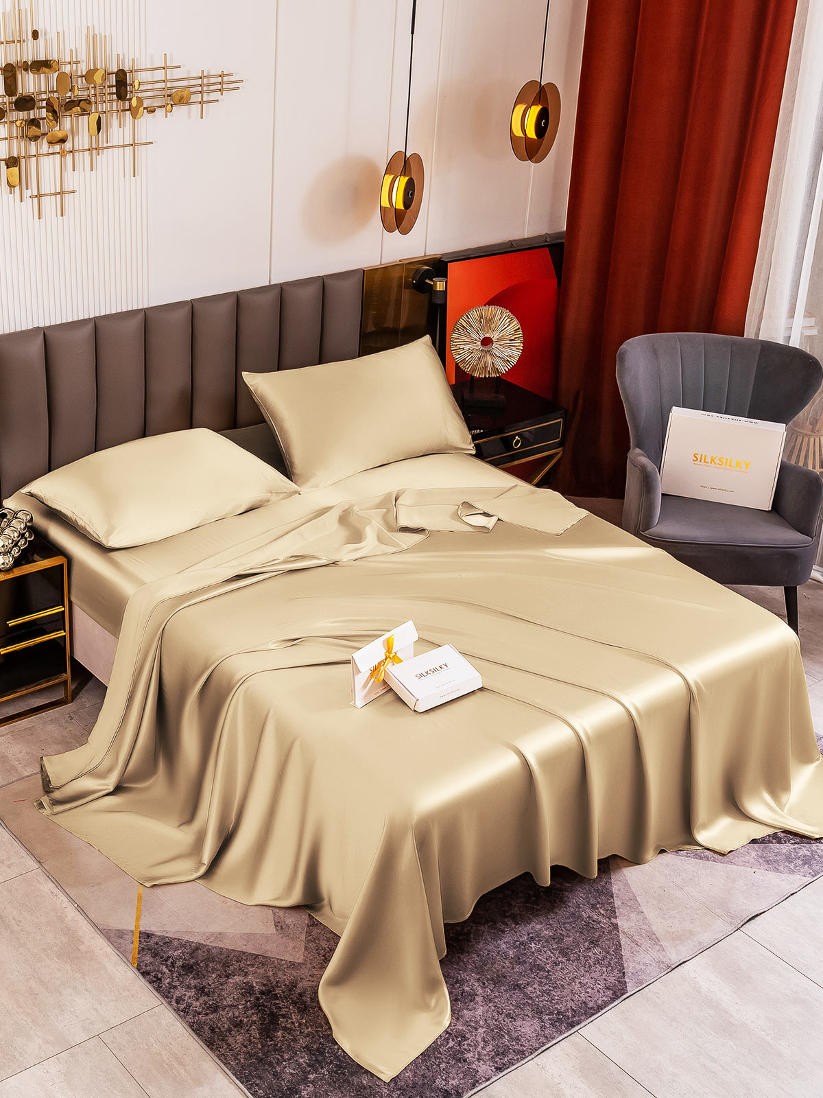[Beige] SilkSilky-CA 19Momme Pure Silk Bedding Set 001
