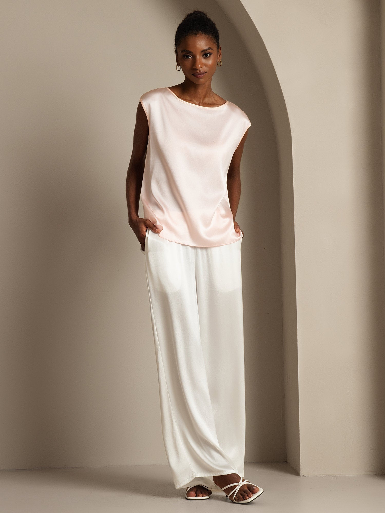 [Pink] SilkSilky-CA 19Momme Silk Round Neck Women's T-Shirt 006,