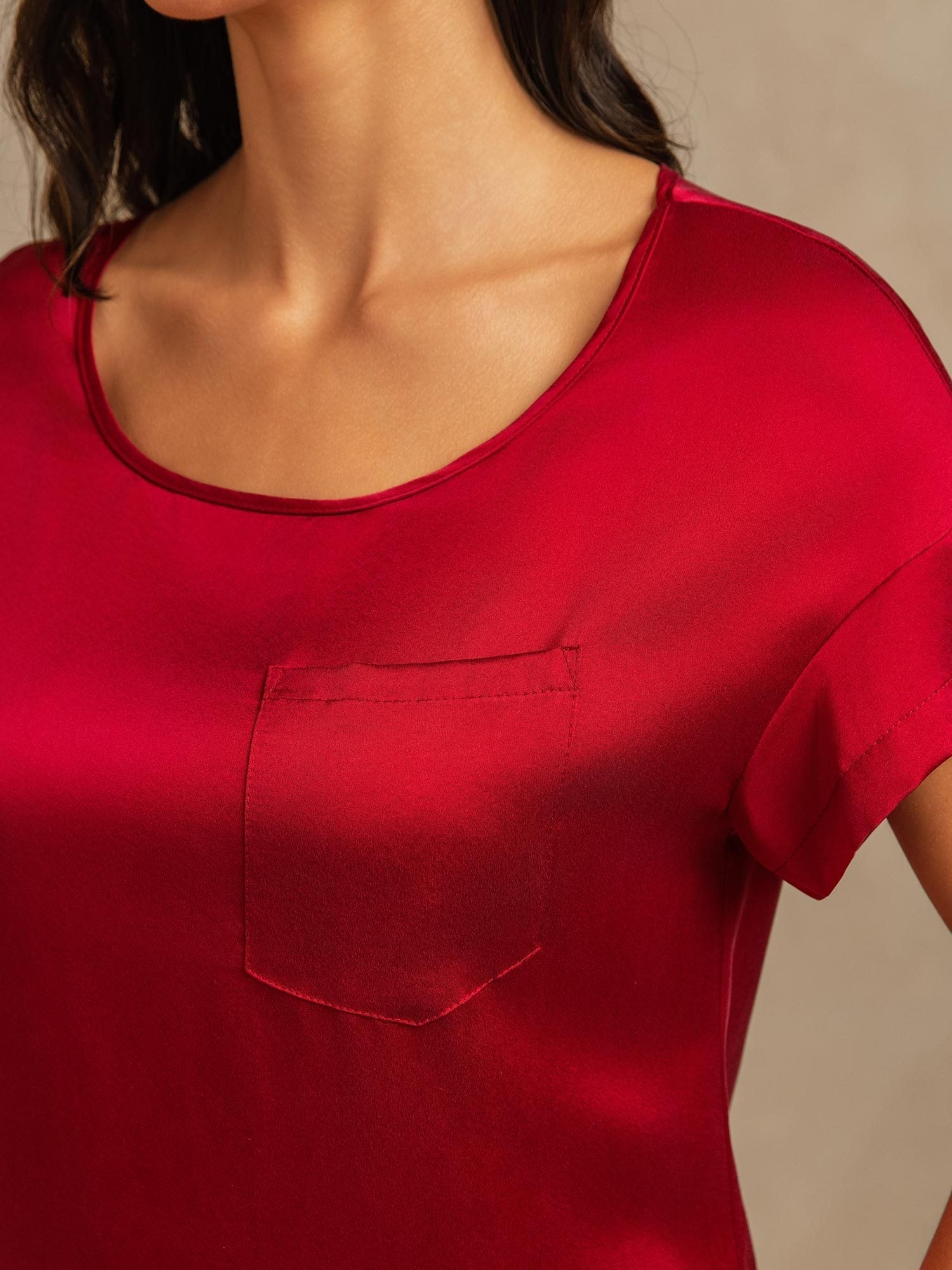 [Wine] SilkSilky-CA 19Momme Silk Round Neck Nightgown 004