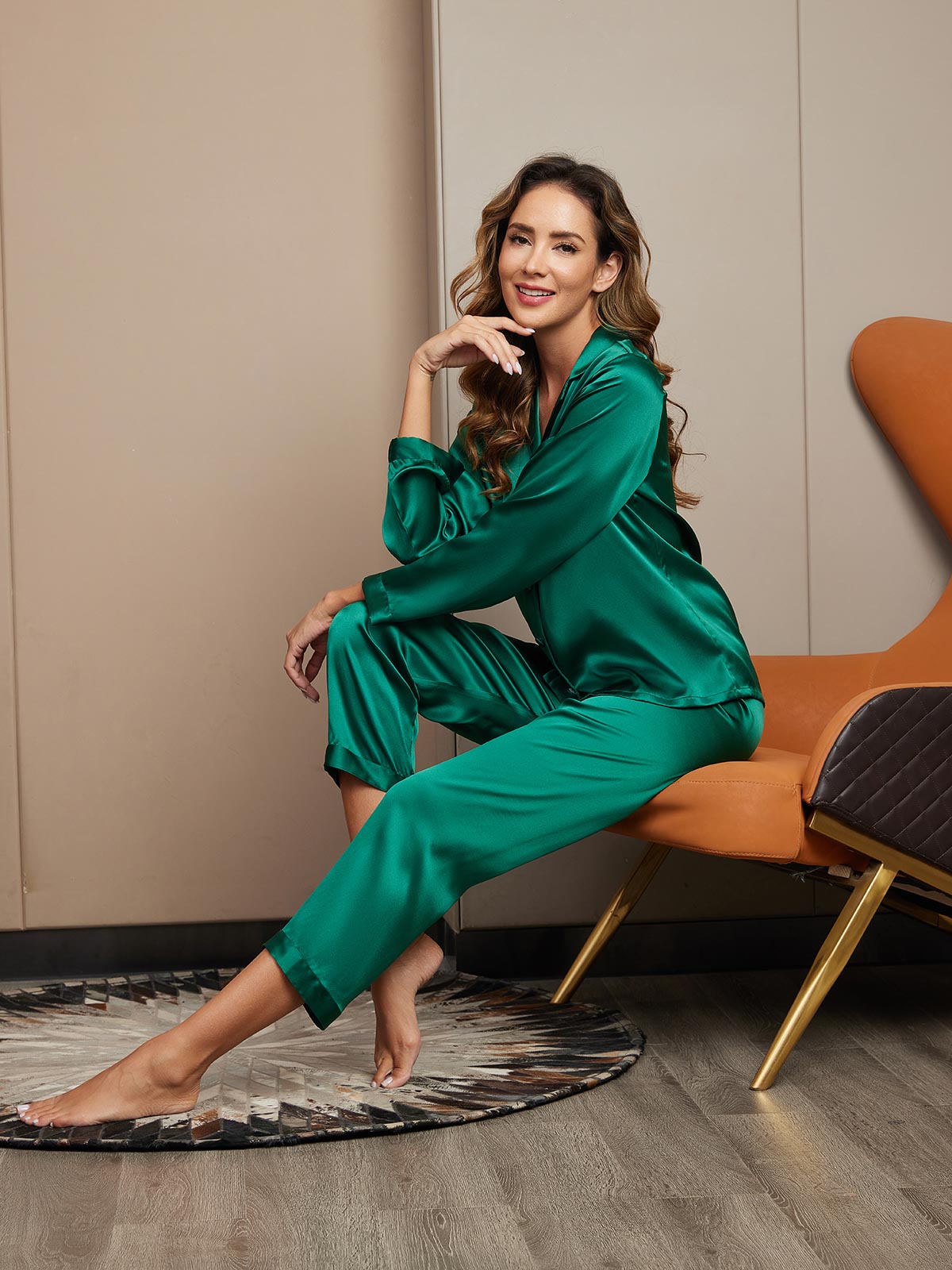 SilkSilky-CA Pure Silk Long Sleeve Lapel Women's Pajamas Green 005