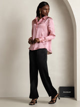 [Pink Stripe] SilkSilky-CA 19Momme Stretch Silk Charmeuse Long Sleeve Lapel Collar Women's Shirt 007