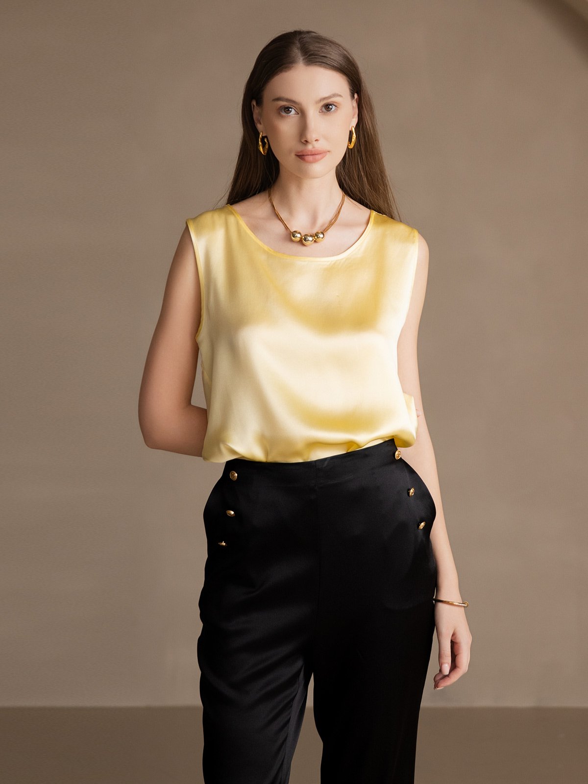 [Light Yellow] SilkSilky-CA 19Momme Silk Round Neck Camisole 004