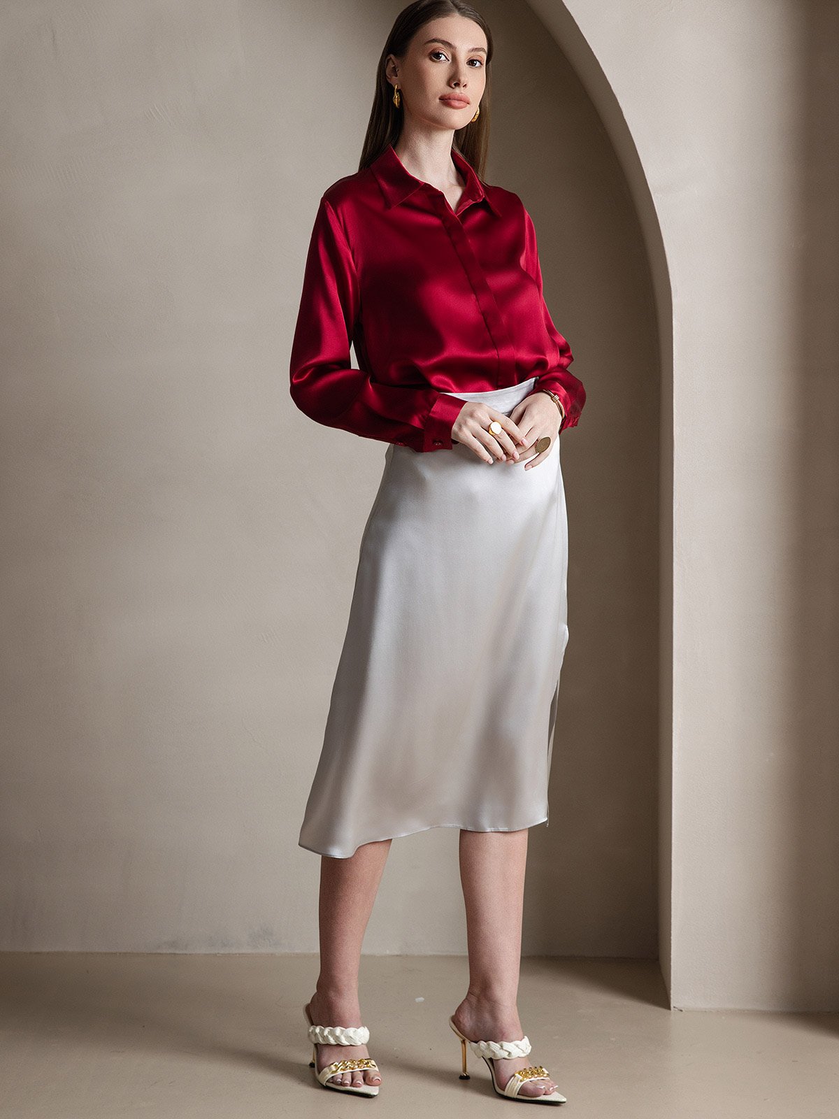 [Wine] SilkSilky-CA 19Momme Silk Long Sleeve Lapel Collar Women's Shirt 006