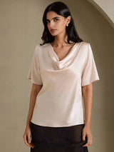 [Beige] SilkSilky-CA Short Sleeve Cowl Neck Women's Blouse 003