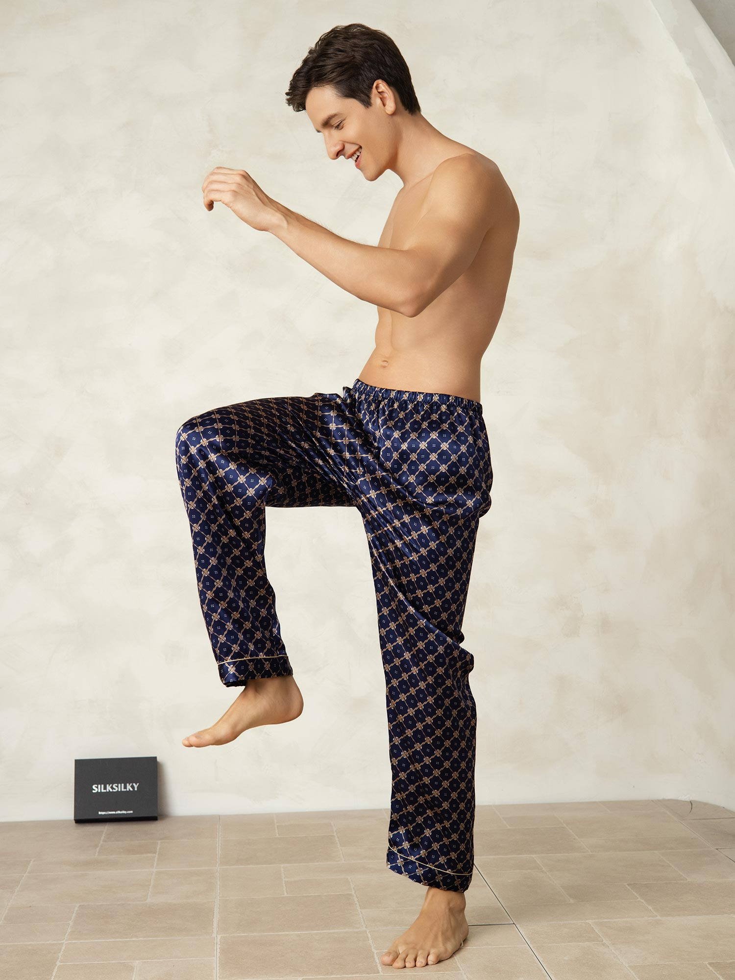 [Navy Chain] SilkSilky-CA Pure Silk Mens Sleep Bottoms 005