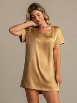 [Tan] SilkSilky-CA 19Momme Machine-Washable Silk Short Sleeve Round Neck Nightgown 006
