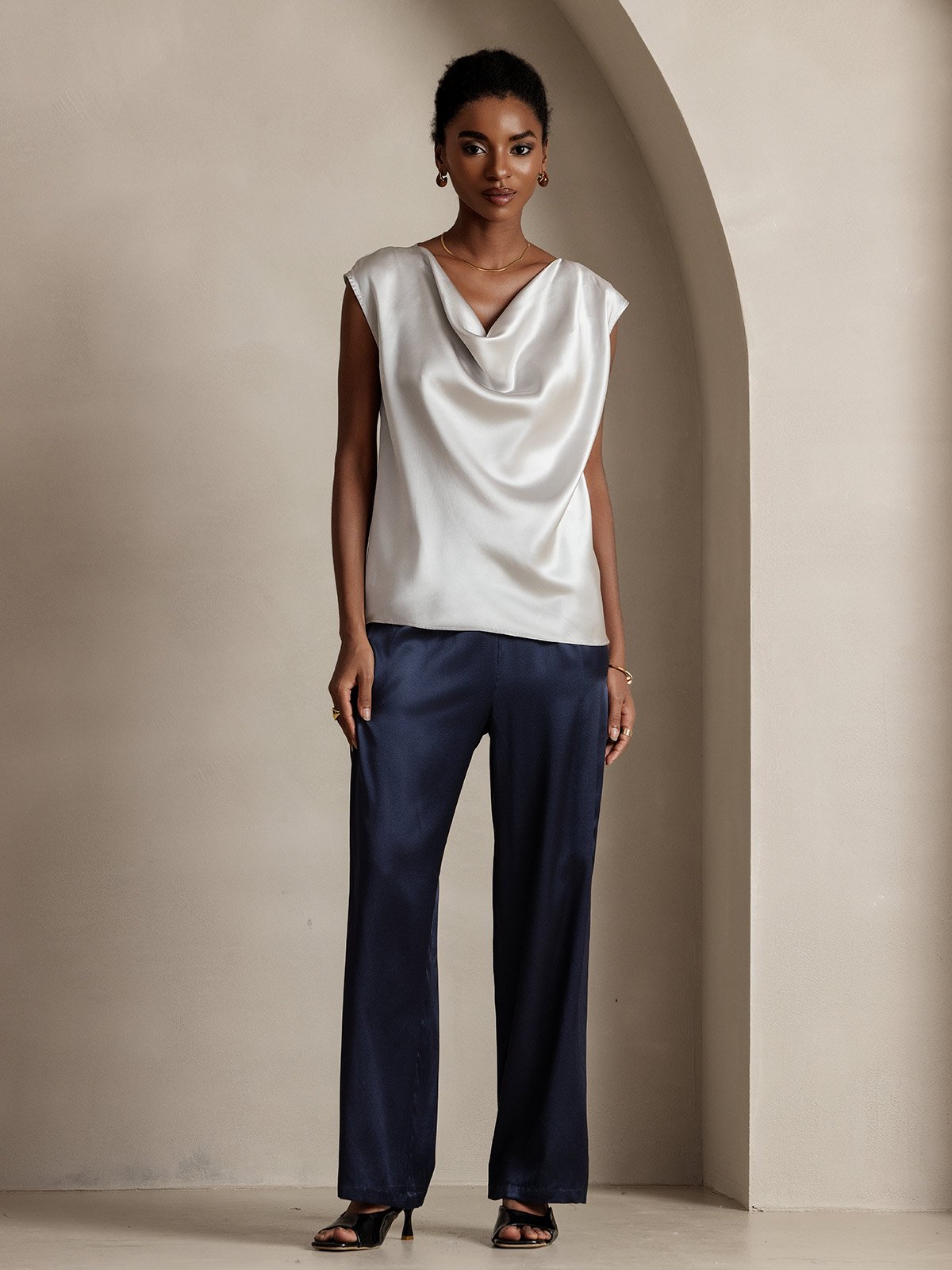 [Light Gray] SilkSilky-CA 19Momme Silk Cap Sleeve Cowl Neck Women's T-Shirt 005