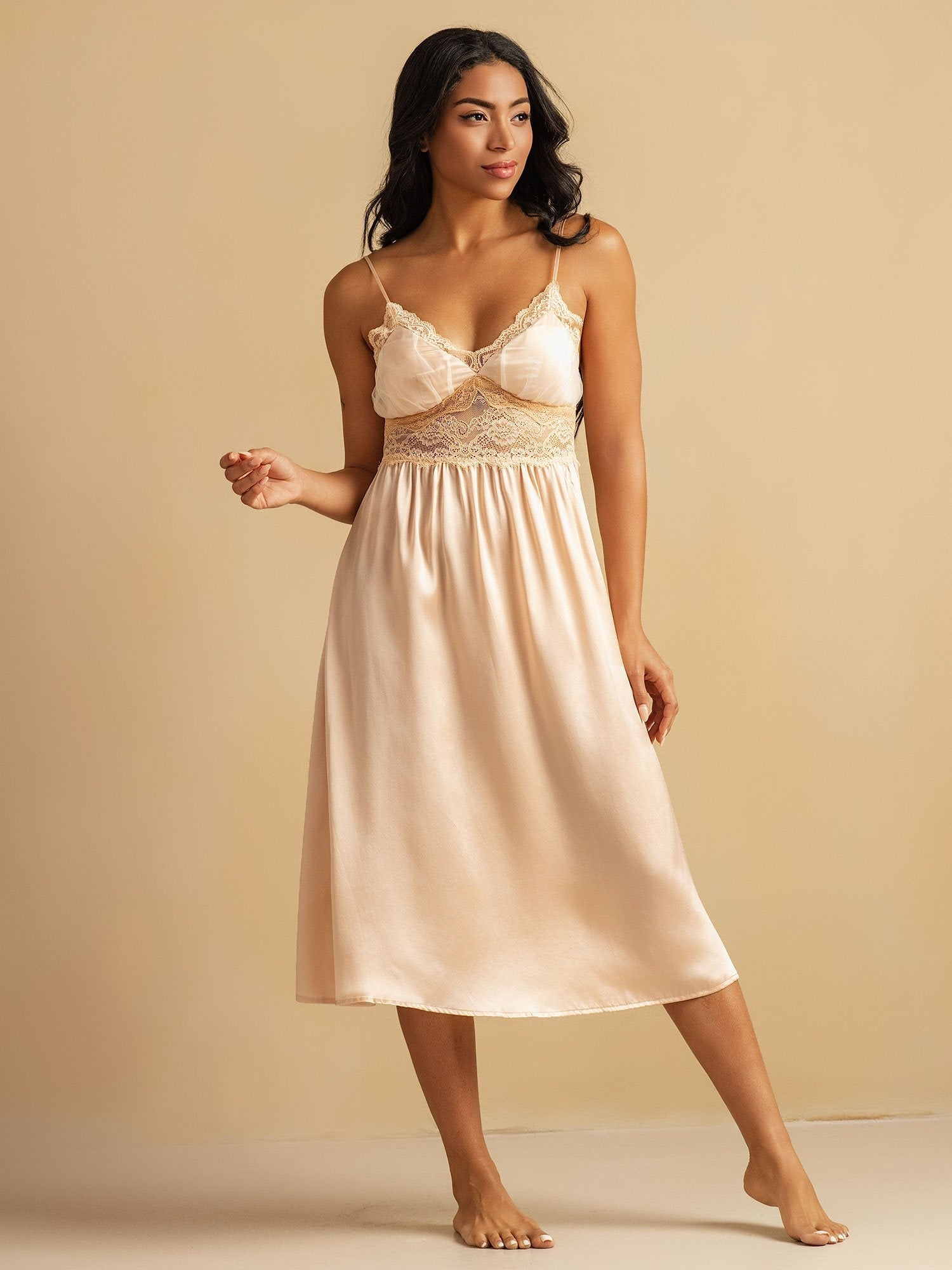 [Light Pink] SilkSilky-CA Spaghetti Strap Deep V Neck Nightgown 001