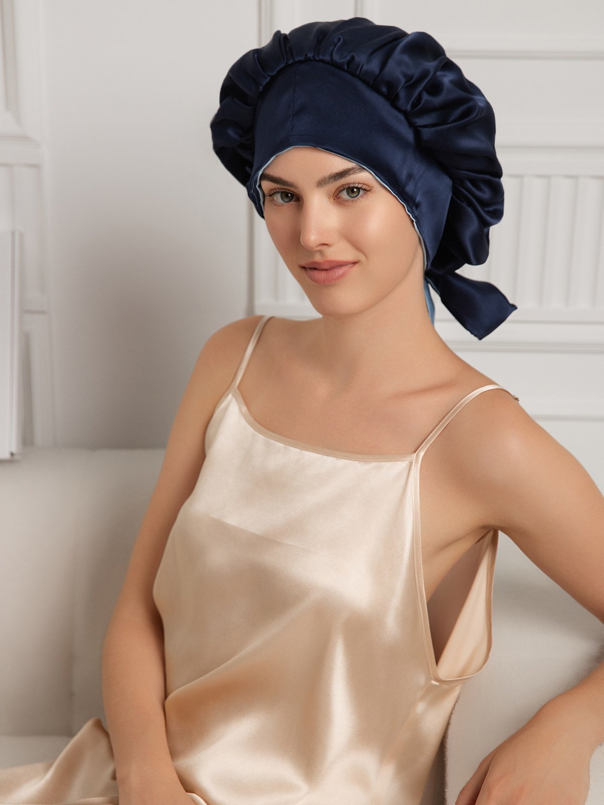 SilkSilky-CA Pure Silk Sleep Cap DarkBlue 003