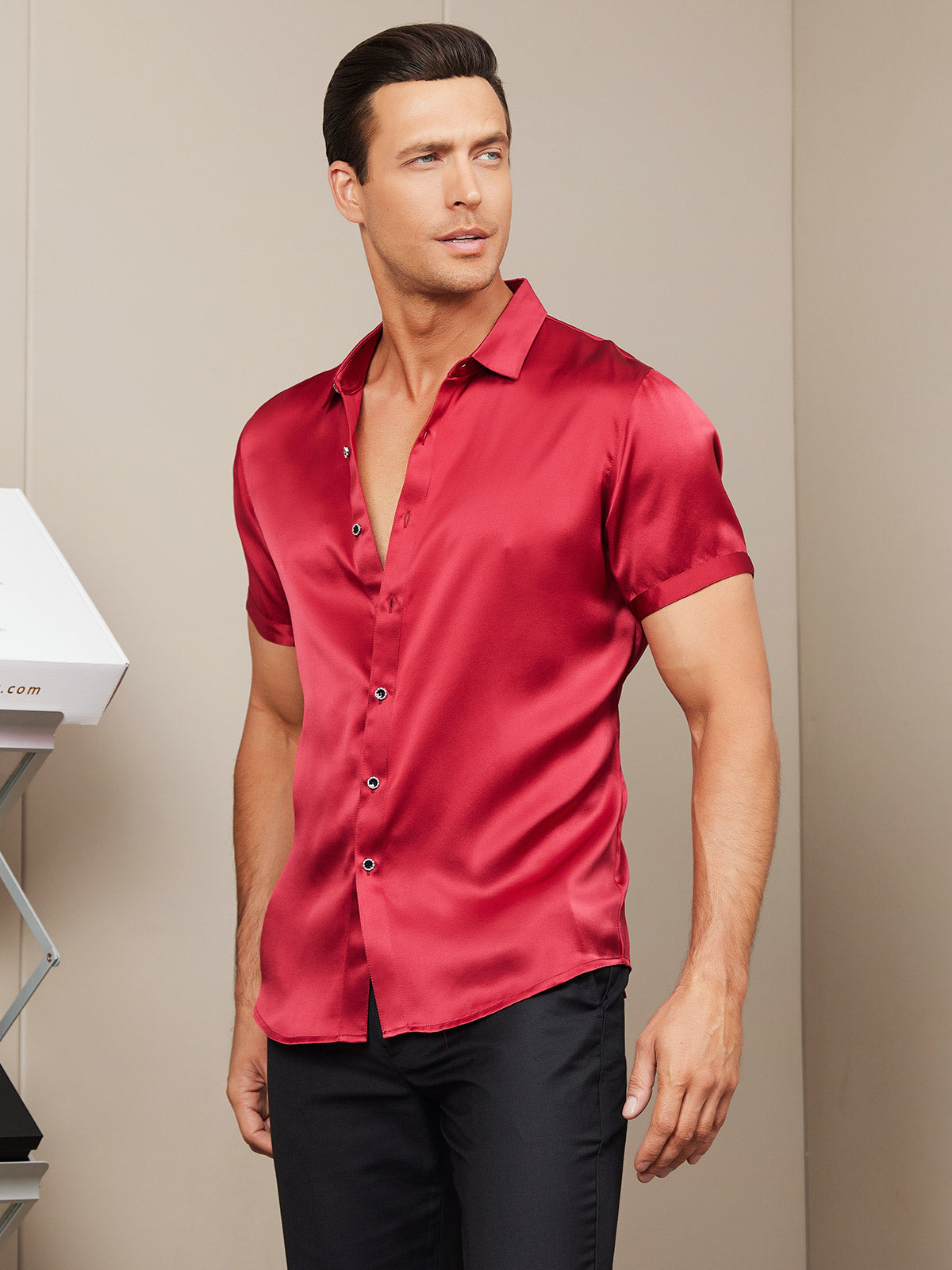 SilkSilky CA Silk Short Sleeve Collar Men's Shirt Red 006