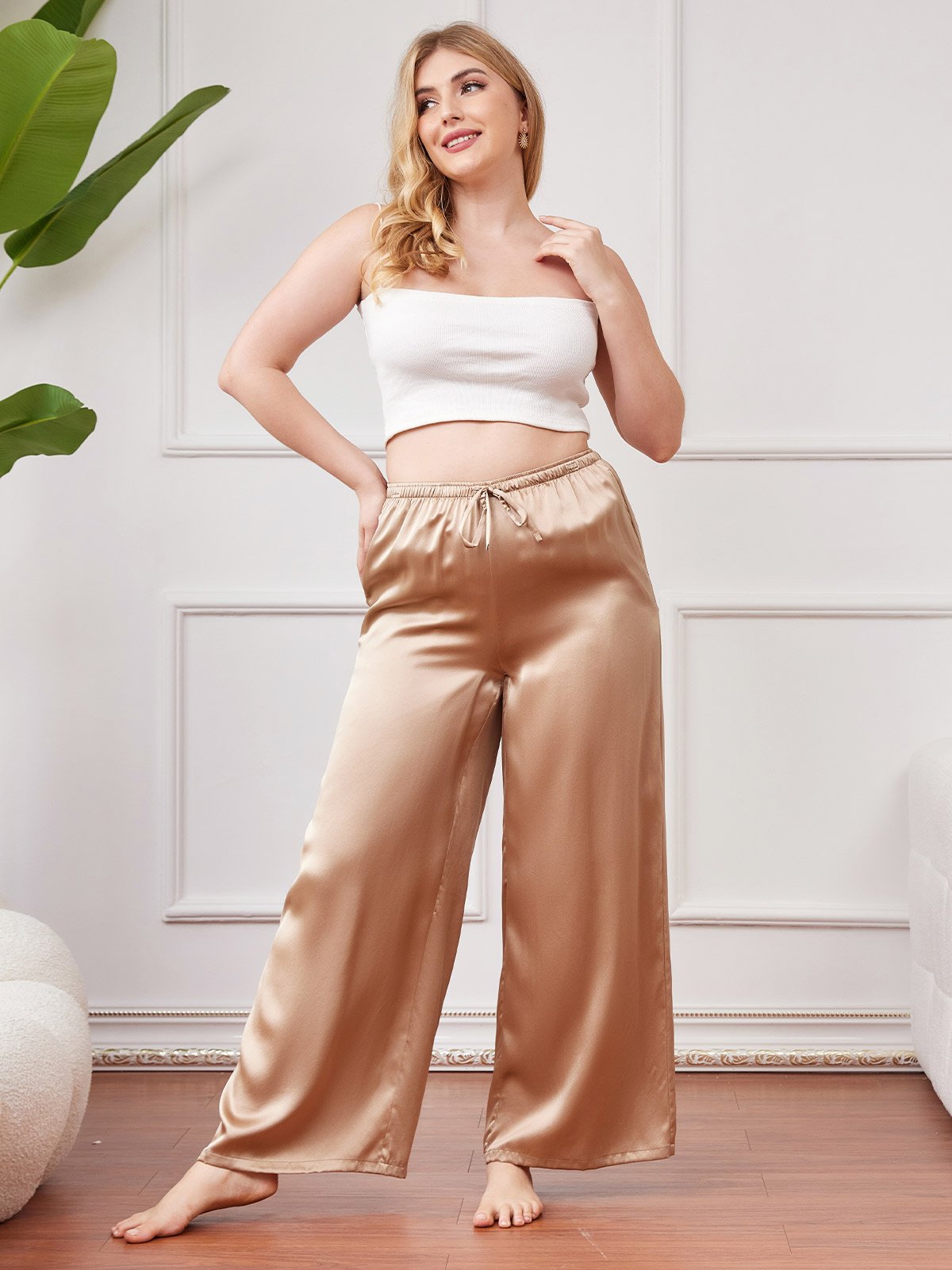 SilkSilky CA Pure Silk Plus Size Womens Pants Champagne 001