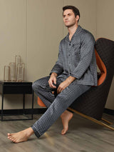 [Navy Ginkgo] SilkSilky-CA 19Momme Long Sleeve Notch Collar Men's Pajamas 011