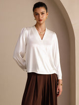 [White] SilkSilky-CA Long Sleeve Wrap Women's Blouse 003