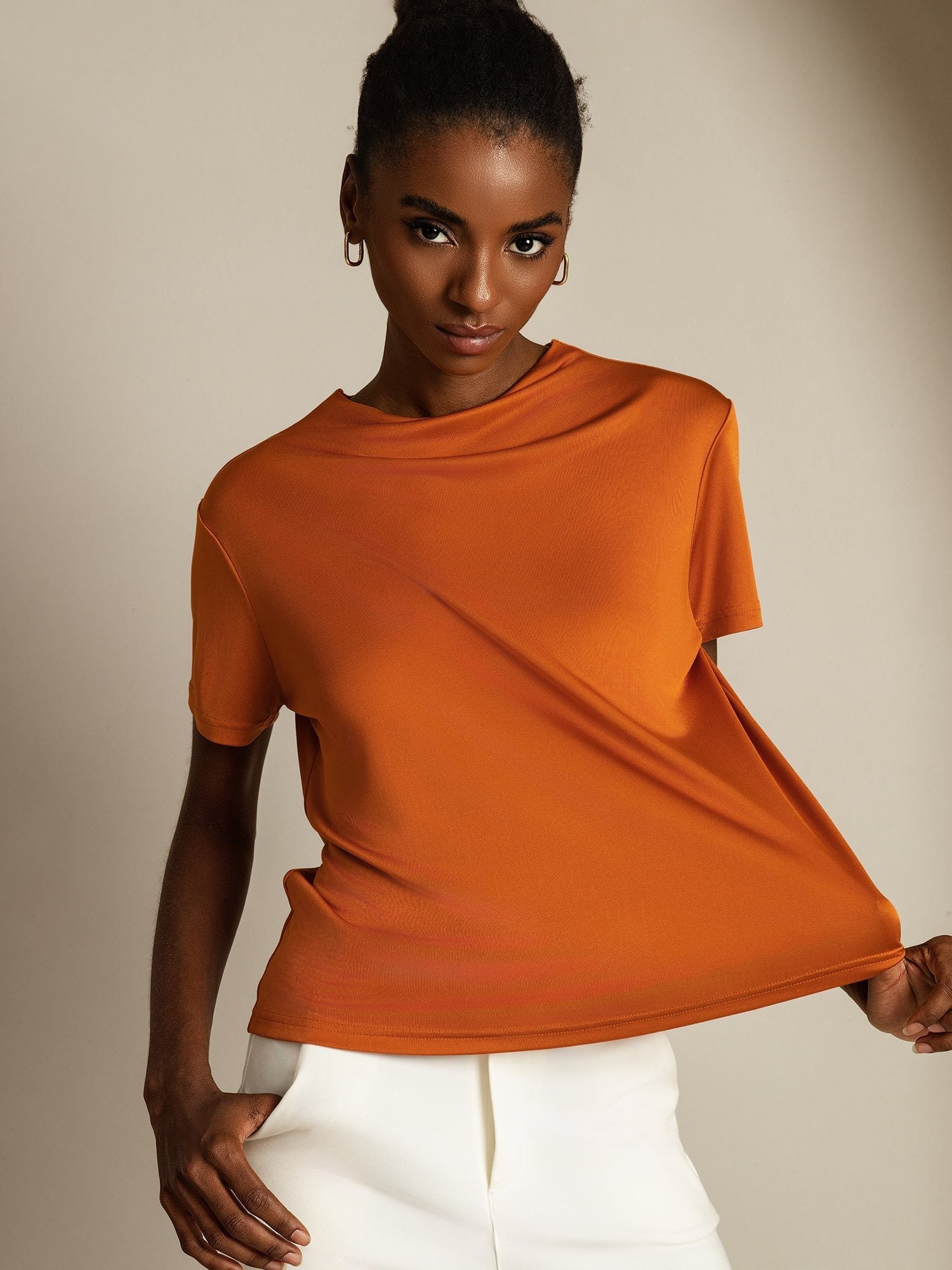 [Orange] SilkSilky-CA Pure Silk Collar Women's T-Shirt 001