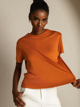 [Orange] SilkSilky-CA 100% Silk Jersey Short Sleeve Mock Neck Women's T-Shirt 001