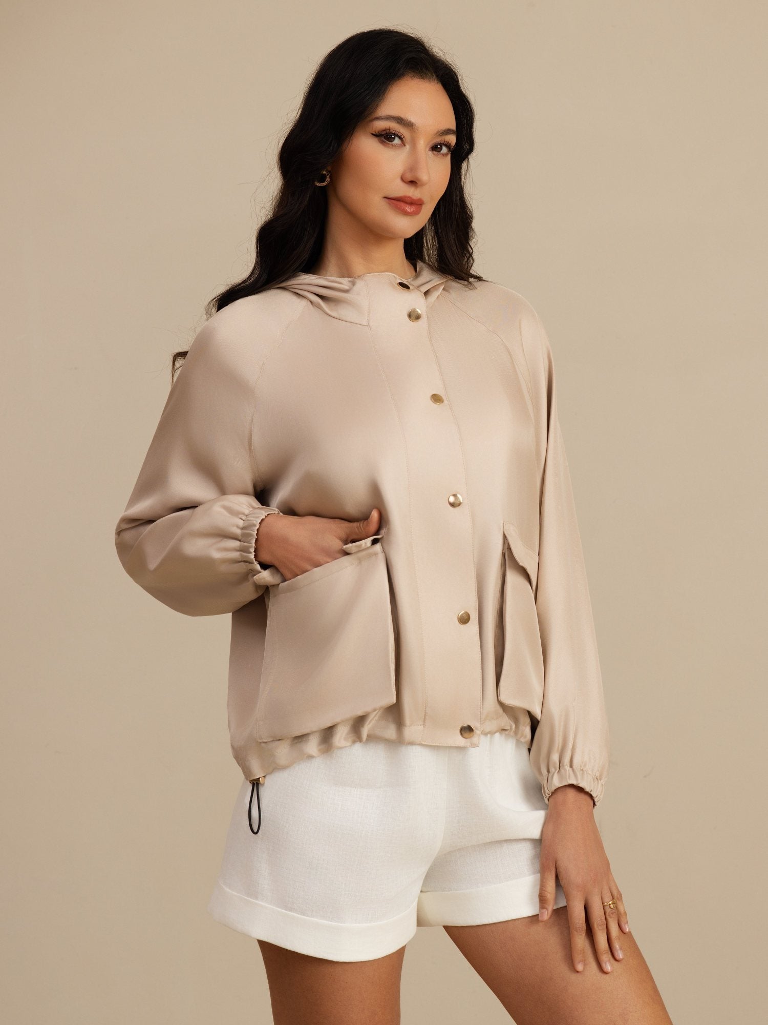 [Tan] SilkSilky-CA Silk Satin Surah Long Sleeve High Neck Women's Outerwear 005