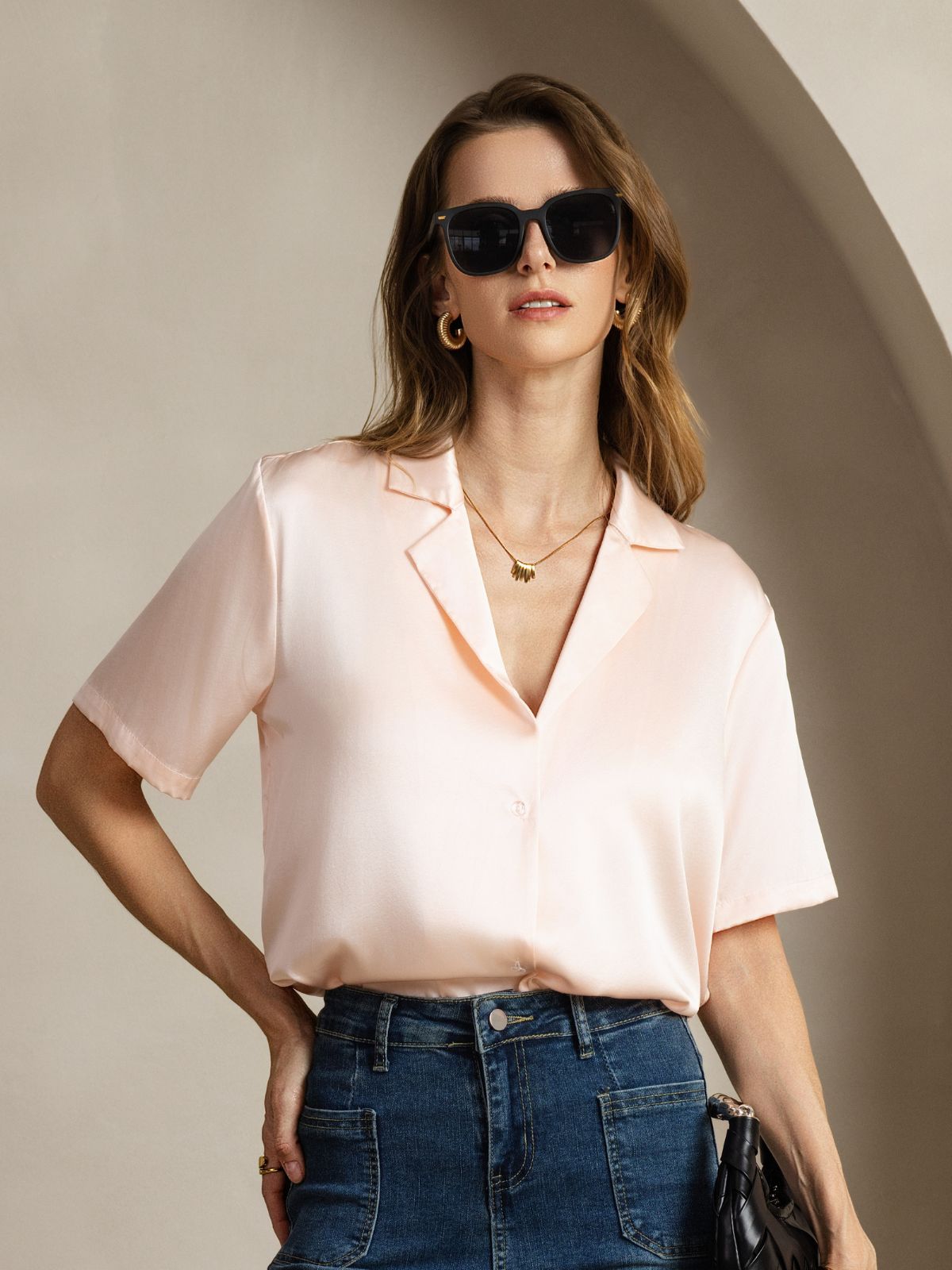 [Pink] SilkSilky-CA 19Momme Silk Notched Neck Women's Shirt 001