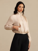 [Tan+Pink] SilkSilky-CA 18Momme Silk Satin Surah Long Sleeve Stand Collar Women's Outerwear 004