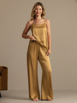 [Tan] SilkSilky-CA 19Momme Machine-Washable Silk Spaghetti Strap Scoop Neck Camisole Set 006