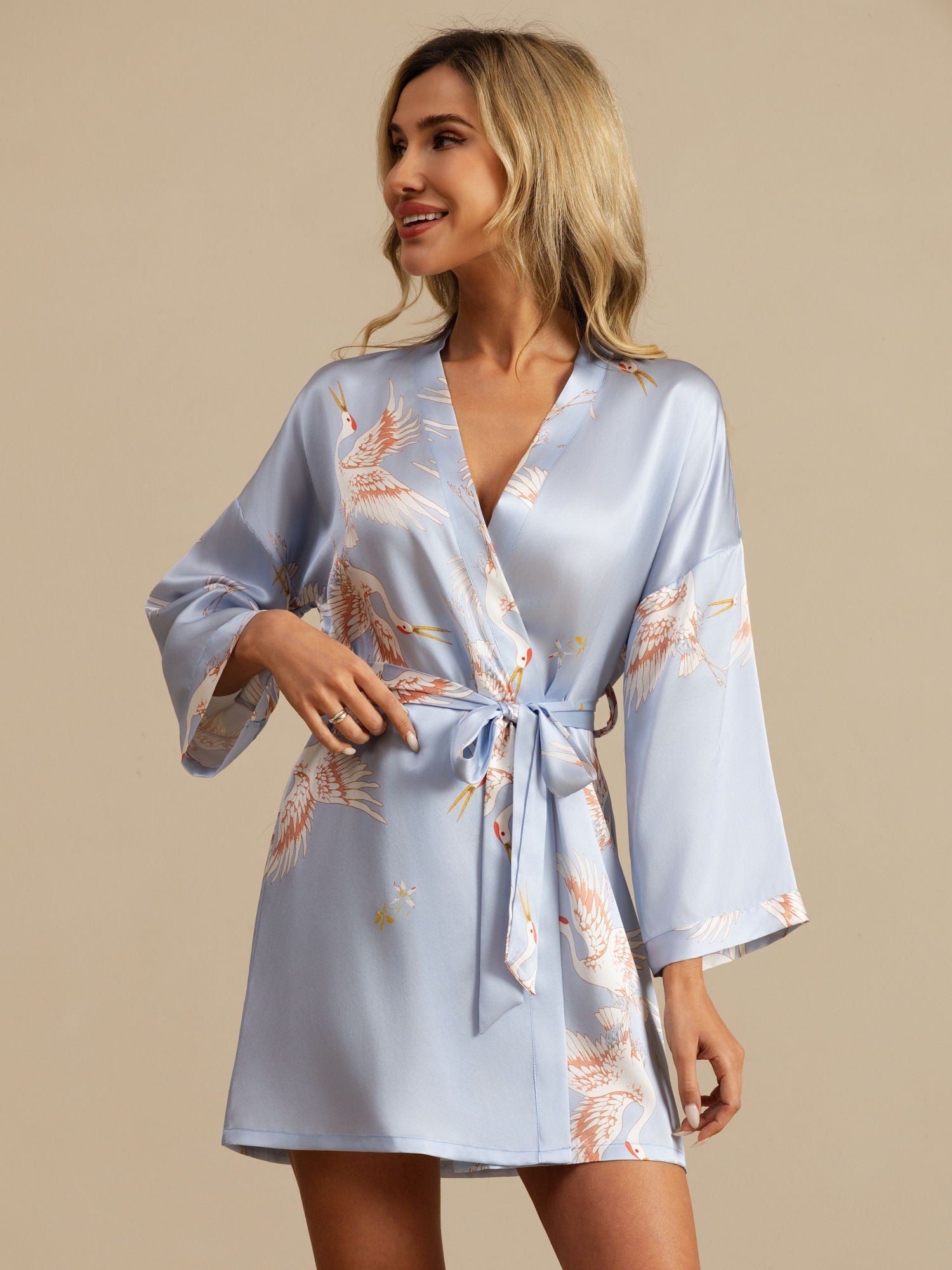 [Light Blue] SilkSilky-CA 19Momme 3/4 Sleeve Women's Robe 003