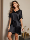 SilkSilky CAPureSilkShortSleeveVNeckNightgownBlack004