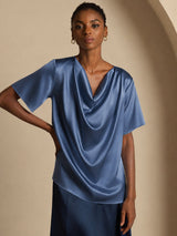 [Real Teal] SilkSilky-CA Short Sleeve Cowl Neck Women's Blouse 005