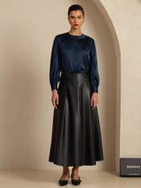 [Dark Blue] SilkSilky-CA 19Momme Long Sleeve Round Neck Blouse 007