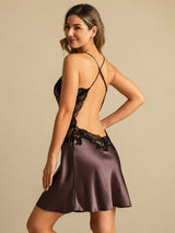 [Dark Brown] SilkSilky-CA Spaghetti Strap V Neck Nightgown 002