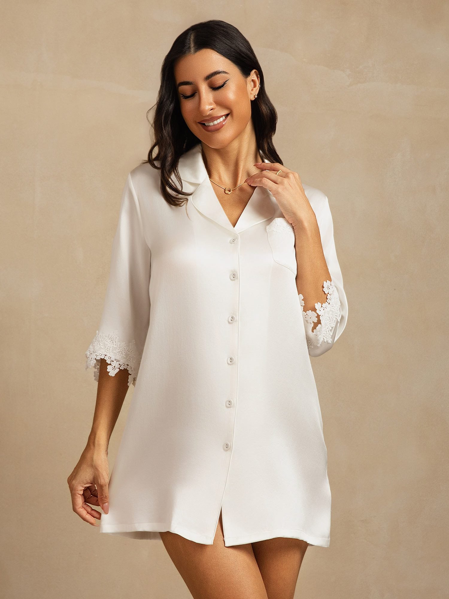 [White] SilkSilky-CA Pure Silk Lapel Collar Nightshirt 005